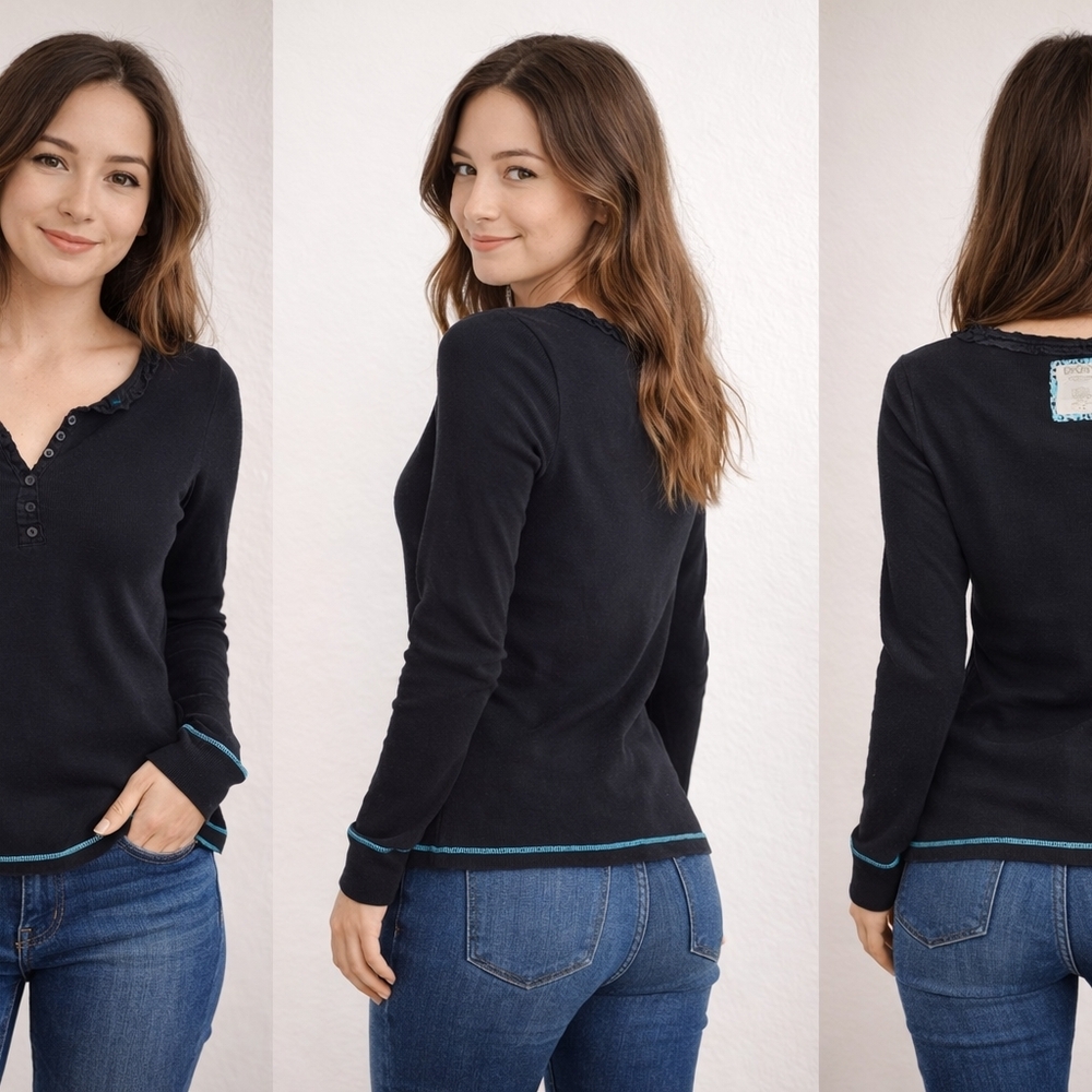 DKNY Black Top with Blue Patterned Trim